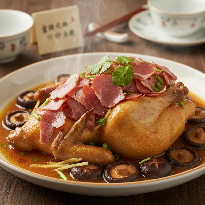 Steamed Whole Chicken with Chinese Ham and Mushrooms