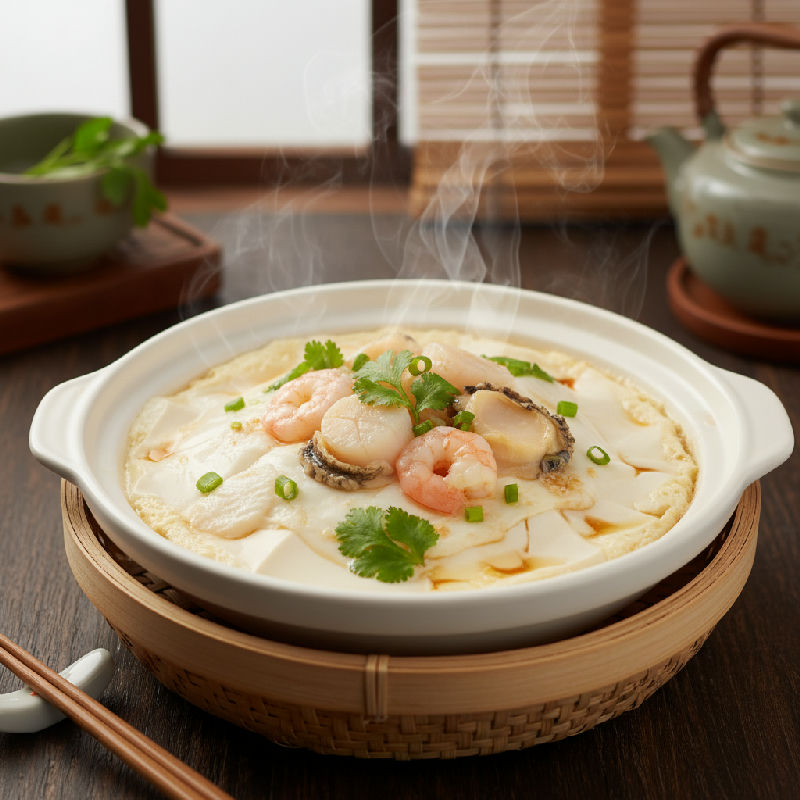 Steamed Silken Tofu with Mixed Seafood and Egg White