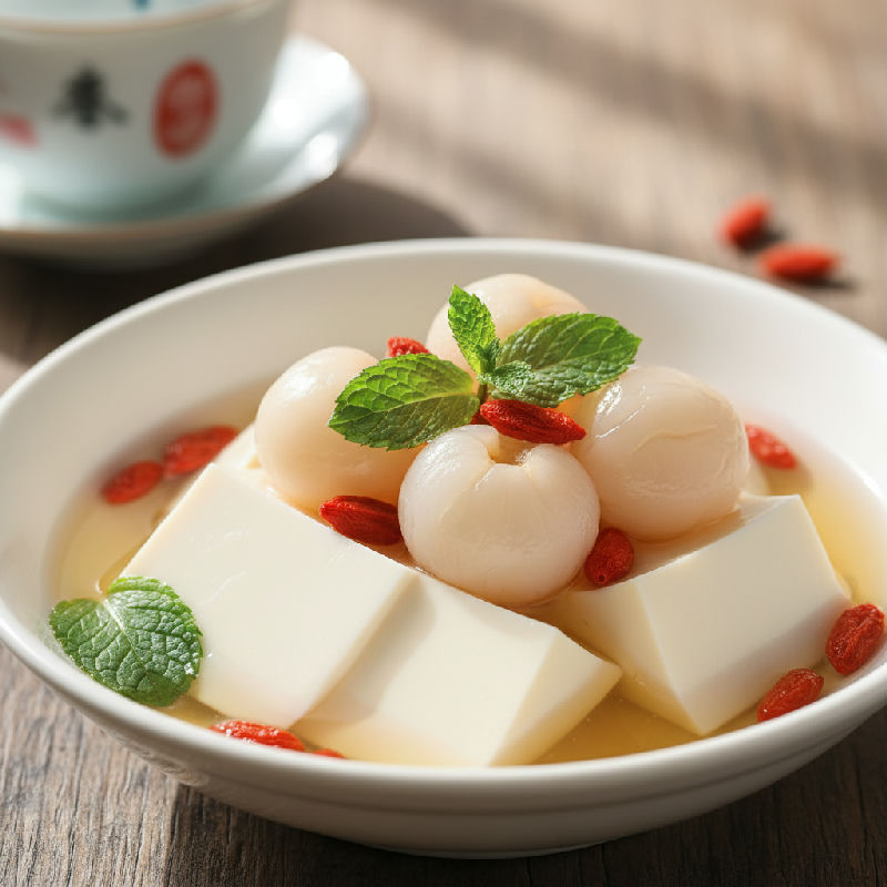 Almond Tofu with Lychee and Goji Berries