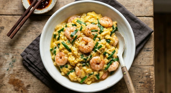 Scrambled Eggs with Prawns and Chinese Chives