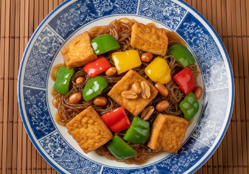 Braised Firm Tofu with Bell Peppers, Peanuts, and Glass Noodles in Fermented Bean Curd Sauce