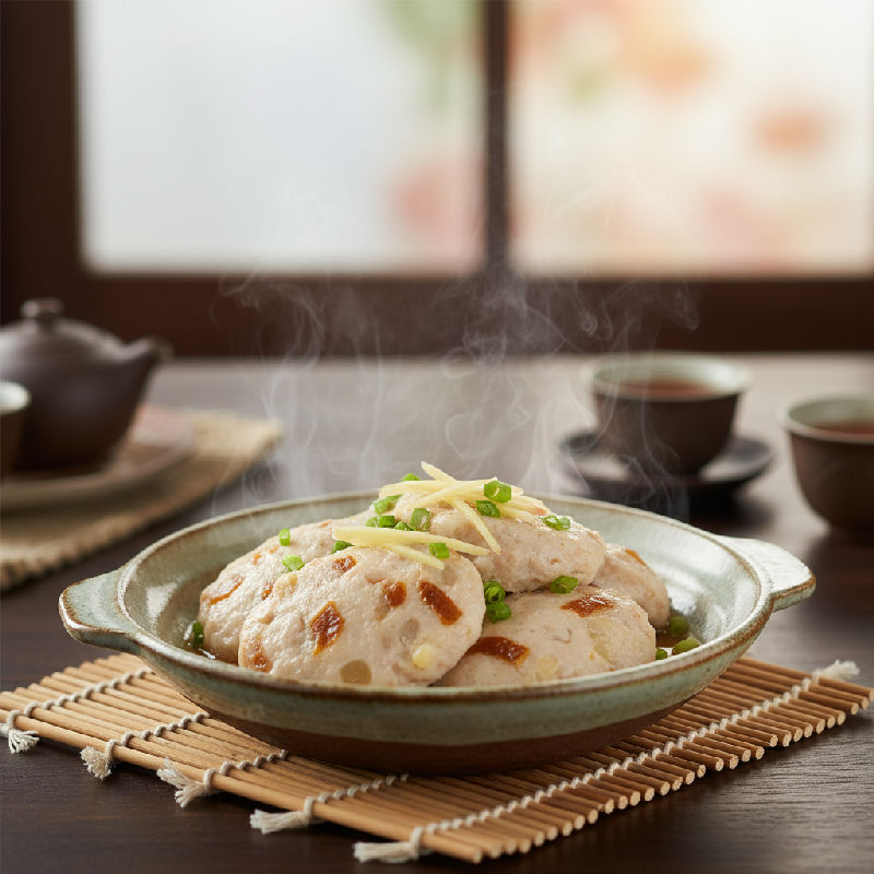 Steamed Dace Fish Paste with Dried Orange Peel and Water Chestnuts