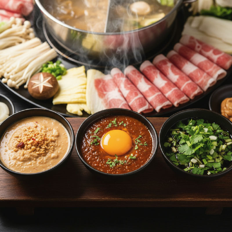 Three Hot Pot Dipping Sauces (Fermented Tofu Peanut Sauce, Satay Raw Egg Yolk, Soy Sauce with Coriander & Scallions)