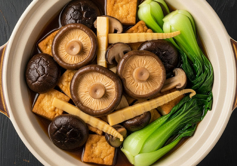 Braised Firm Tofu with Assorted Mushrooms and Bamboo Shoots in Fermented Red Bean Curd Sauce