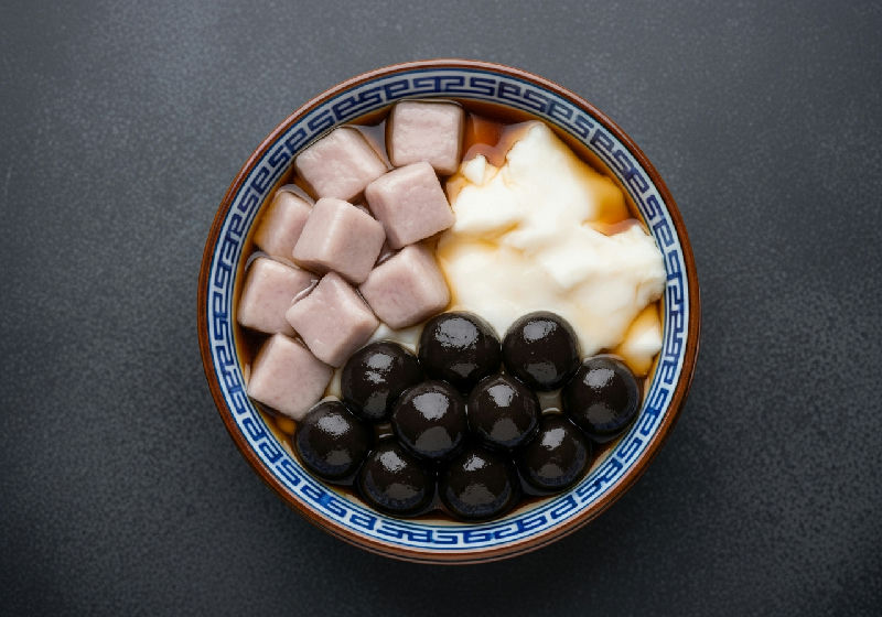 Sweet Taro and Coconut Milk Pudding with Black Sesame Mochi