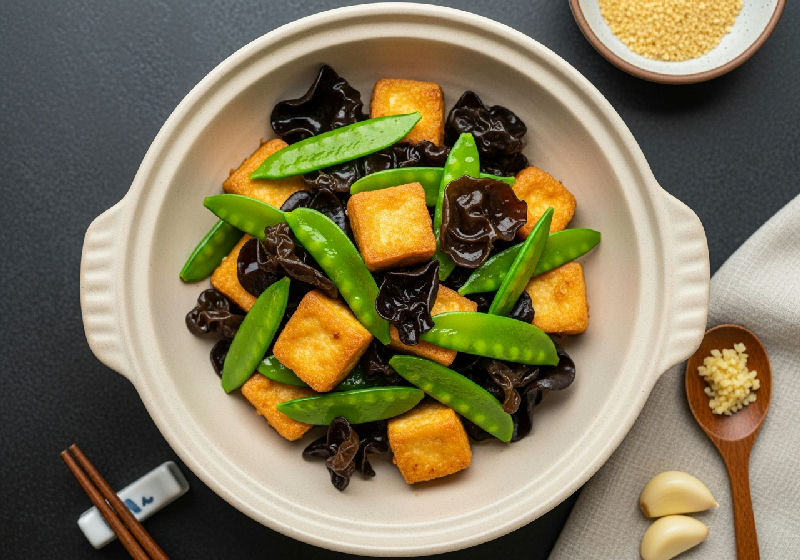 Stir-fried Crispy Tofu with Snow Peas and Wood Ear Mushrooms in Spicy Fermented Red Bean Curd Sauce