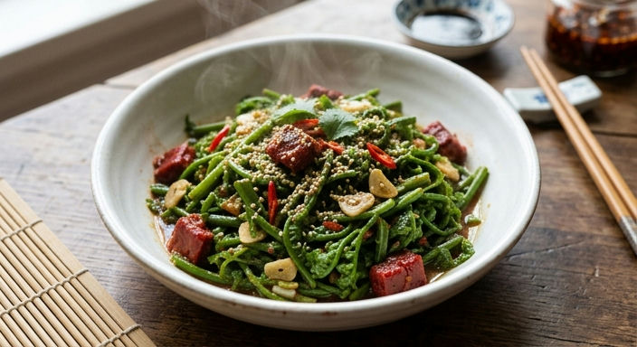 Stir-fried Water Fern with Fermented Bean Curd and Sesame Oil