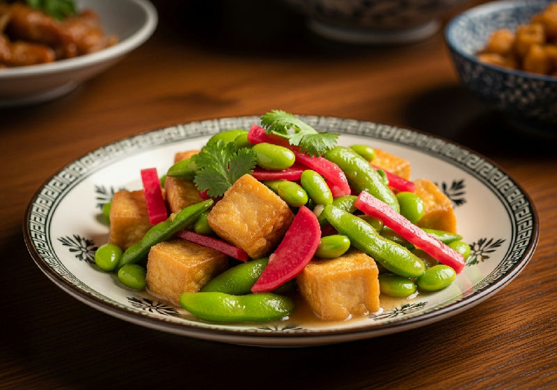 Stir-fried Tofu with Pickled Radish and Edamame