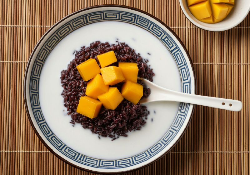 Black Glutinous Rice with Coconut Milk and Mango