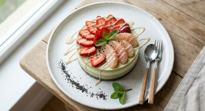 Cold Pomelo, Strawberry, Matcha and Sesame Milk Cake
