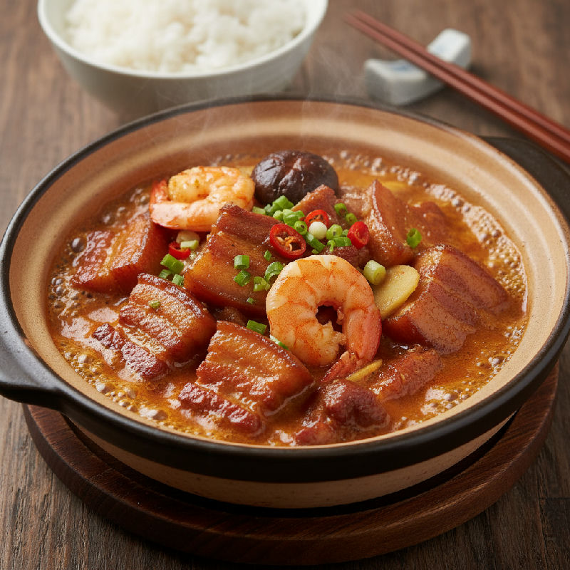 Braised Pork Belly with Shrimp Paste Claypot