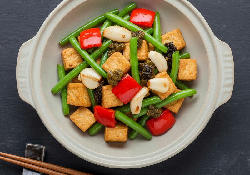 Stir-fried Firm Tofu with Preserved Olive Vegetable and Green Beans
