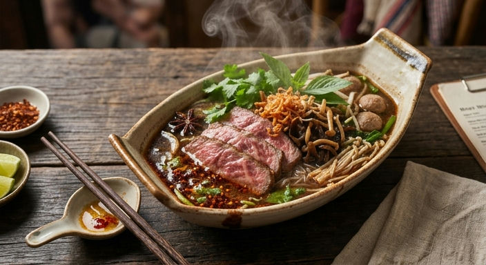 Tang's Bangkok Boat Noodles with Australian Wagyu and Mixed Mushrooms