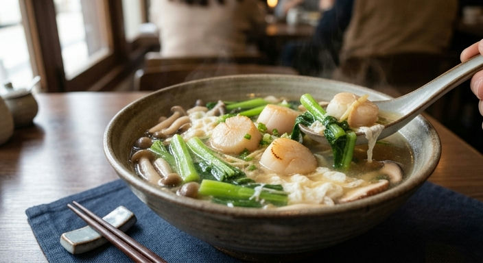 Choy Sum and Mushroom Soup with Egg White Scallops