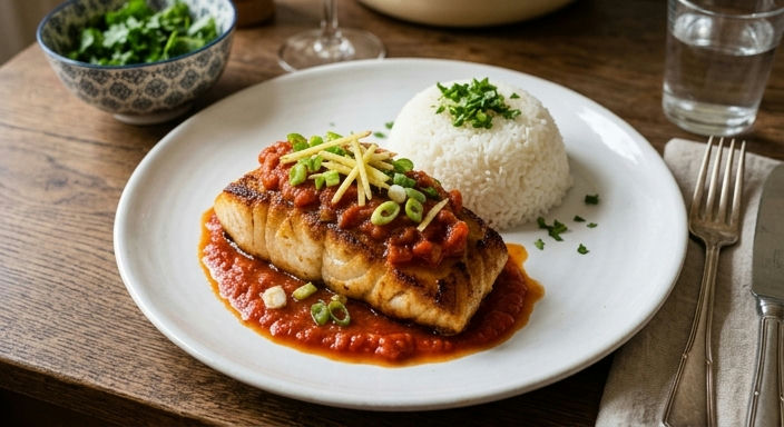 Pan-fried Cod with Tomato, Ginger and Scallion
