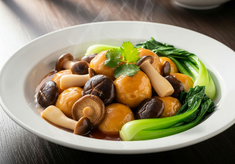 Braised Tofu Puffs and Mixed Mushrooms with Seasonal Greens