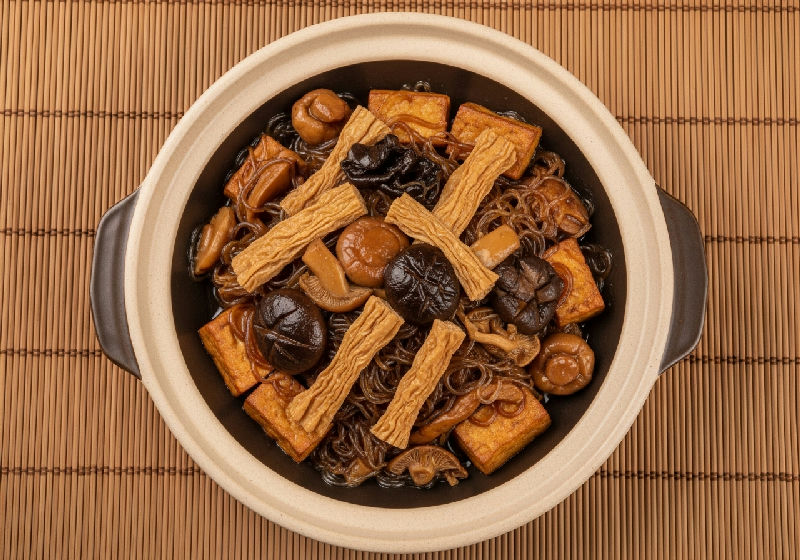 Claypot Braised Tofu with Assorted Mushrooms, Dried Beancurd Sticks and Glass Noodles