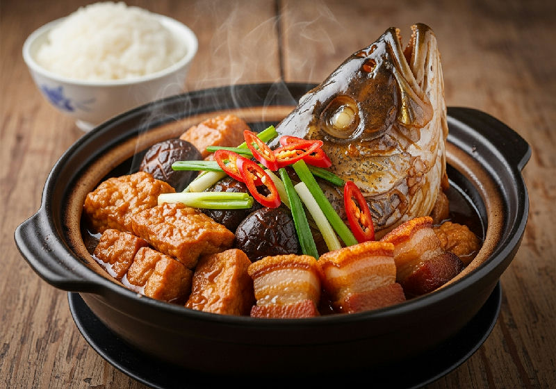 Claypot Braised Fish Head with Tofu and Roast Pork