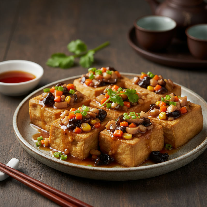 Pan-fried Stuffed Tofu with Mushrooms and Carrots