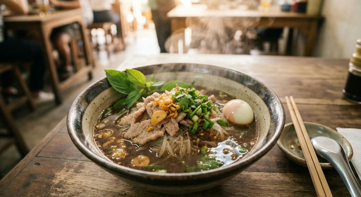 Bangkok-Style Boat Noodles with Pork and Crispy Garlic