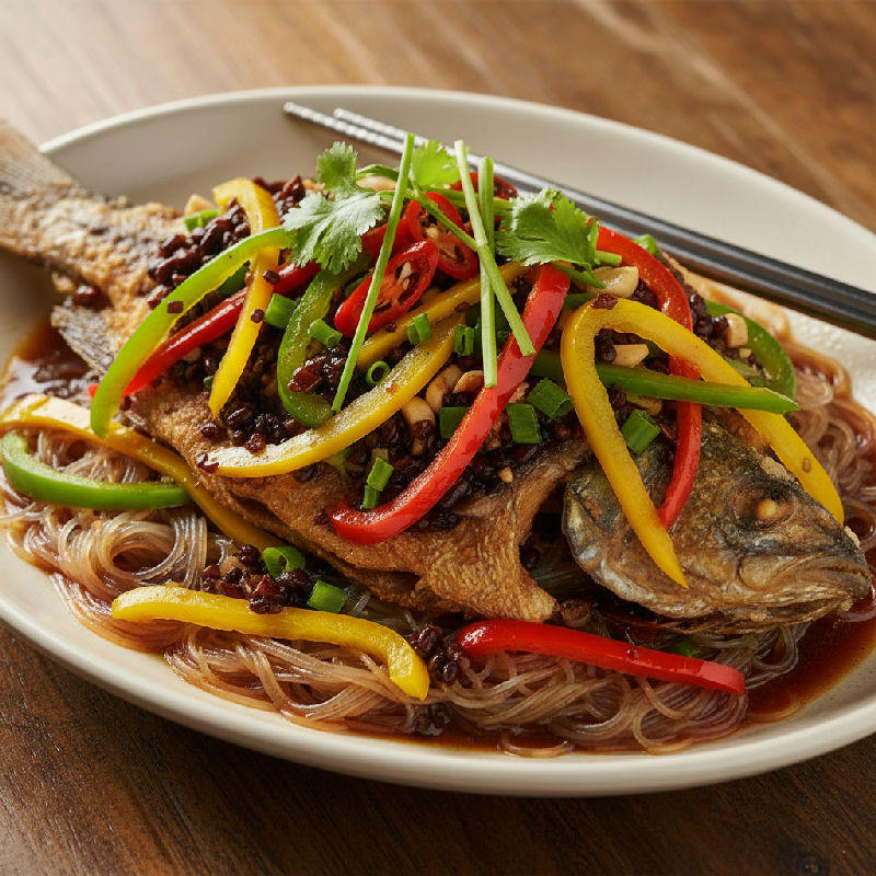 Steamed Dace with Black Beans and Three-Colored Bell Peppers