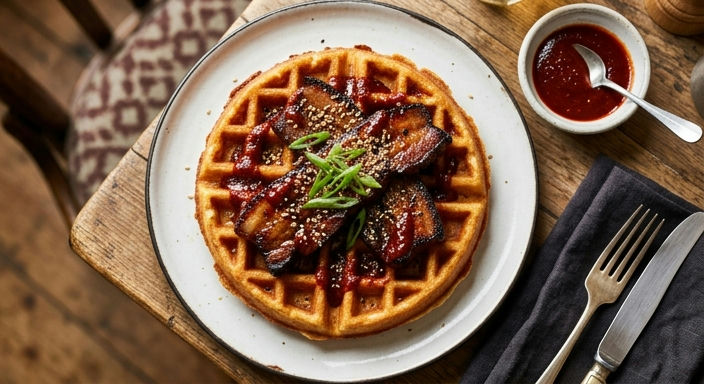 Crispy Pork Belly Korean-Style Waffles with Spicy Sauce