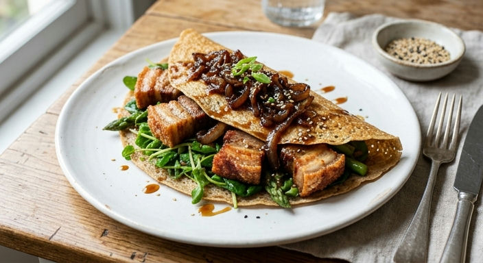 Pork Belly Spring Vegetable Crêpe with Caramelized Onions