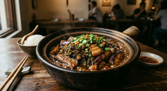 Salted Pork and Preserved Vegetable Clay Pot Eggplant