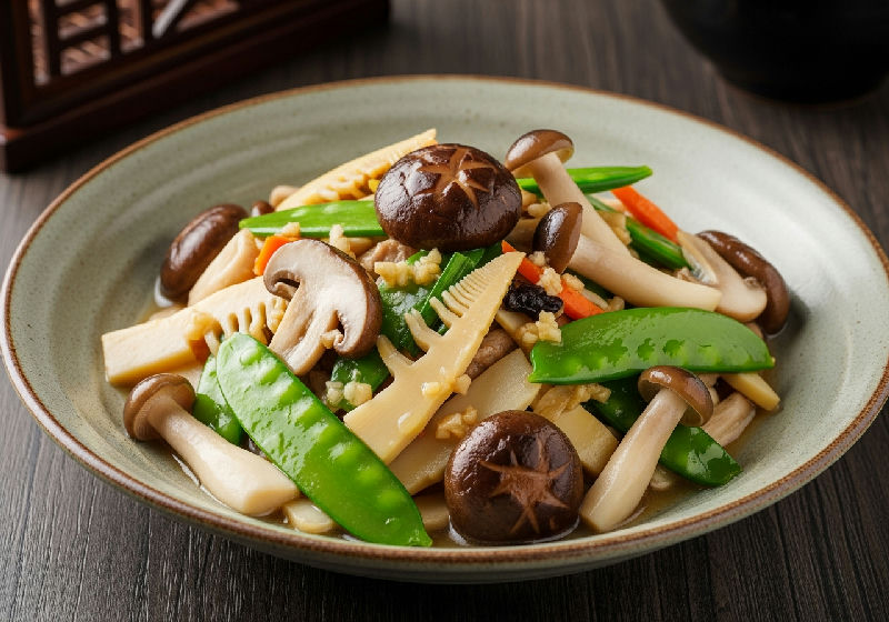 Stir-fried Assorted Mushrooms with Bamboo Shoots and Snow Peas