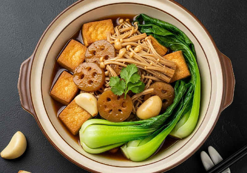Braised Firm Tofu with Enoki Mushrooms and Water Chestnuts
