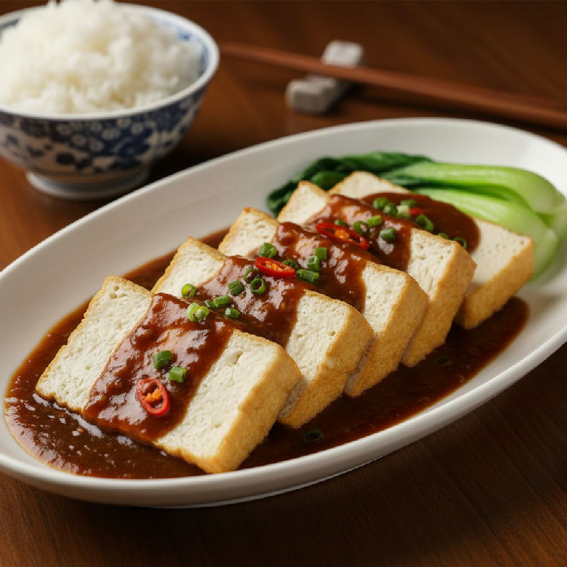 Braised Silken Tofu with Assorted Mushrooms and Snow Peas