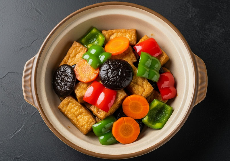 Wok-fried Crispy Egg Tofu with Black Bean Sauce and Mixed Vegetables