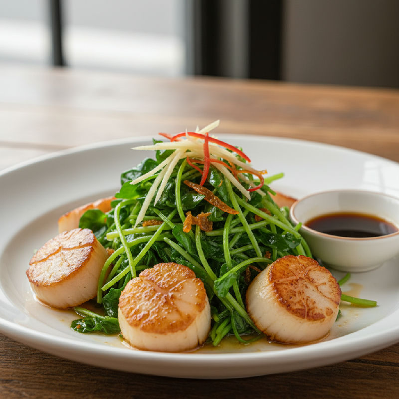 Stir-fried Pea Shoots with Dried Tangerine Peel Oil and Fresh Scallops