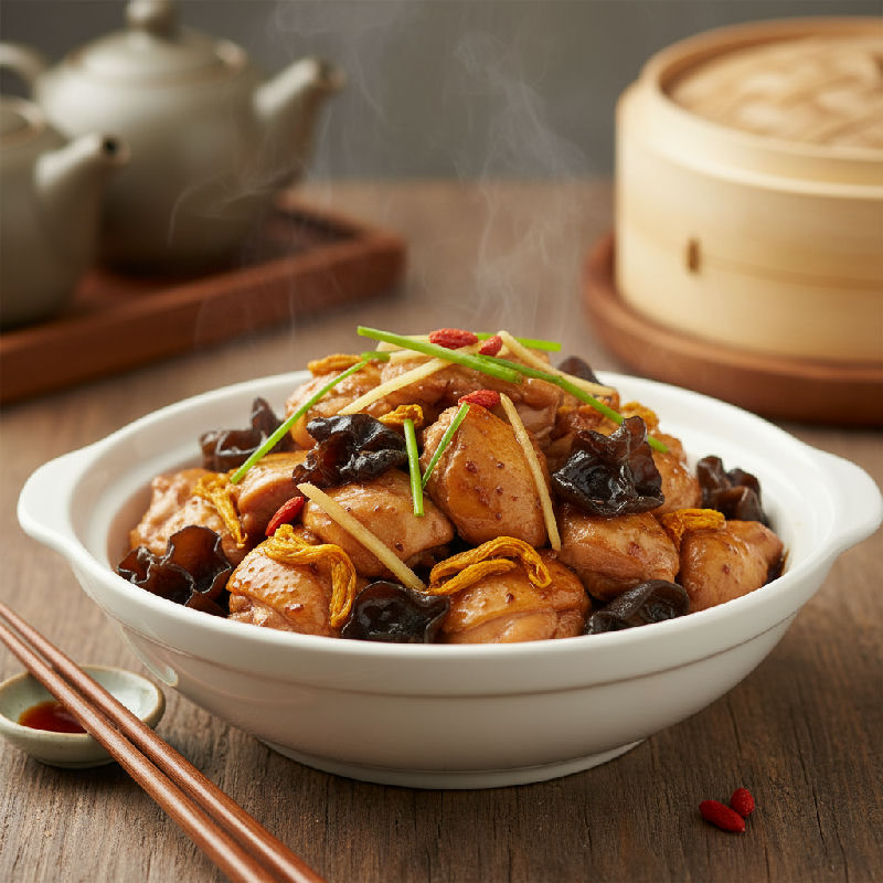 Steamed Chicken with Dried Lily Flowers and Wood Ear Mushrooms