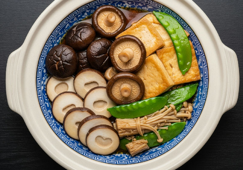 Braised Tofu and Mixed Mushrooms with Snow Peas