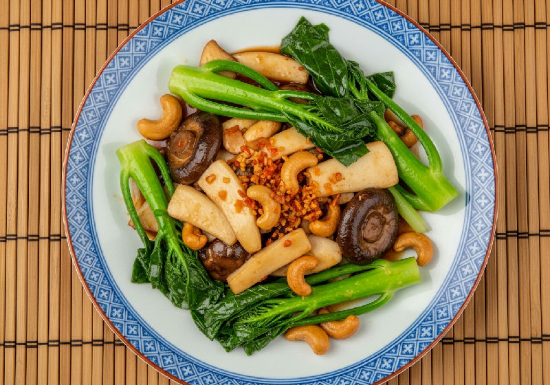 Stir-fried King Oyster Mushrooms with Gai Lan and Cashew Nuts in Vegetarian XO Sauce