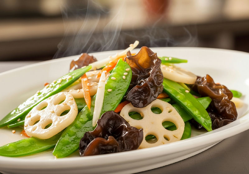 Stir-fried Snow Peas with Water Chestnuts and Wood Ear Mushrooms