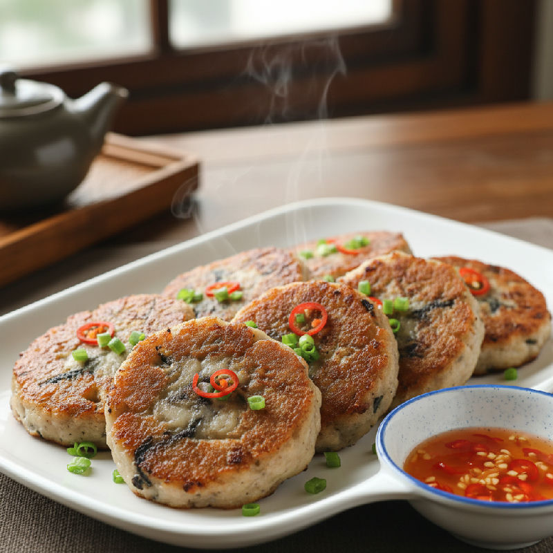 Pan-fried Minced Pork Cake with Water Chestnuts and Dried Squid