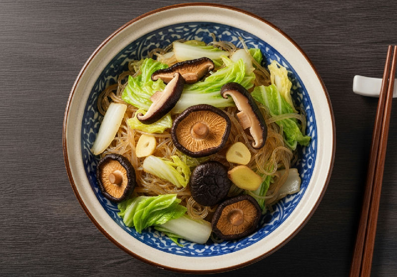 Stir-fried Napa Cabbage with Dried Shiitake Mushrooms and Glass Noodles
