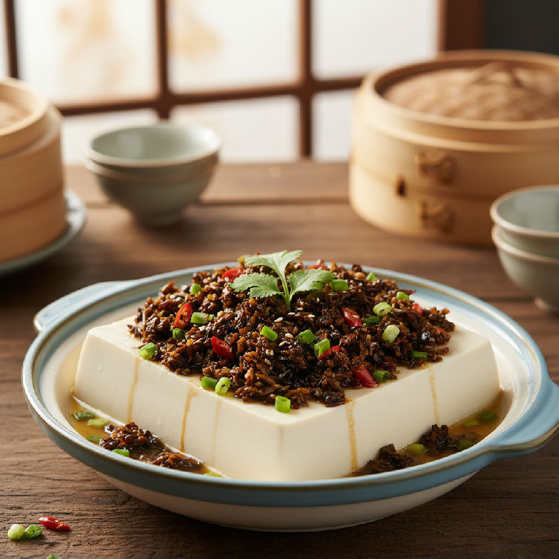 Steamed Silken Tofu with Preserved Mustard Greens and Shiitake Mushrooms
