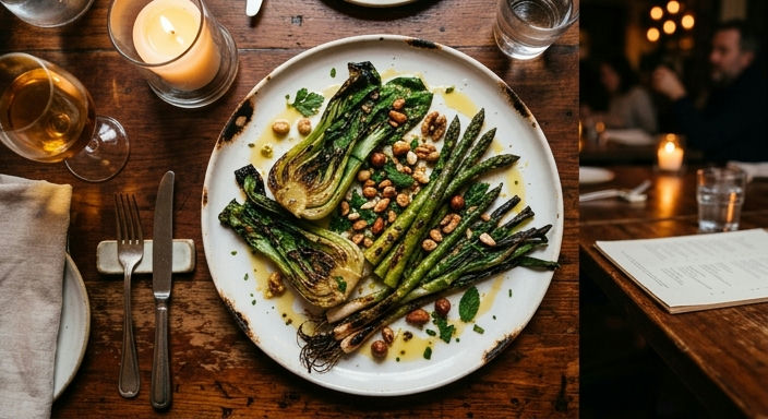Charcoal-Grilled Spring Vegetables with Nut Oil