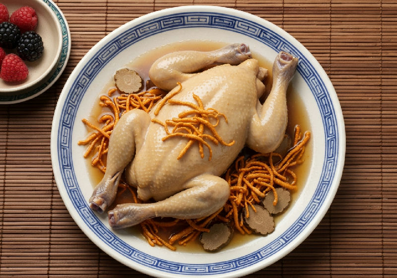 Steamed Whole Chicken with Cordyceps Sinensis and Chinese Herbs