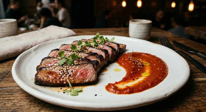 Wagyu Charcoal-Grilled Soy Sauce Beef with Roasted Tomato and Red Pepper Sauce