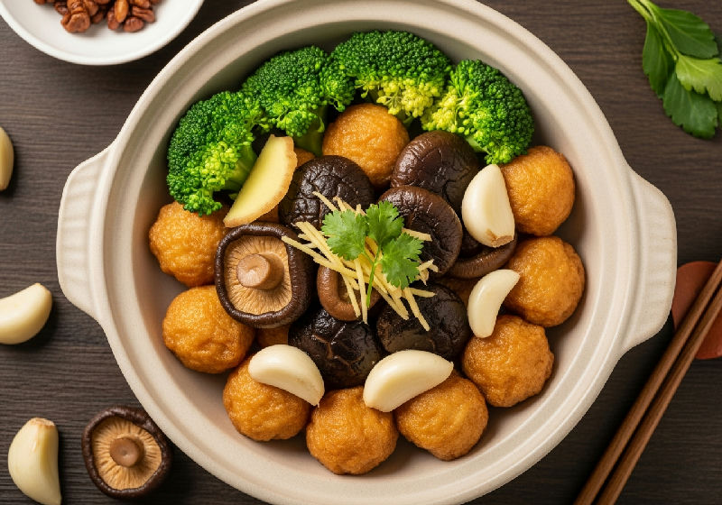 Braised Shiitake Mushrooms with Fried Tofu Puffs and Broccoli