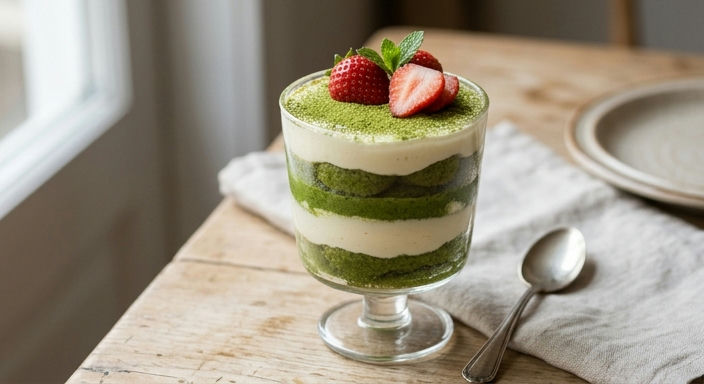 Cold Matcha Tiramisu with Strawberries