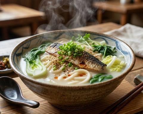 Korean-style White Broth Saury Noodle Soup