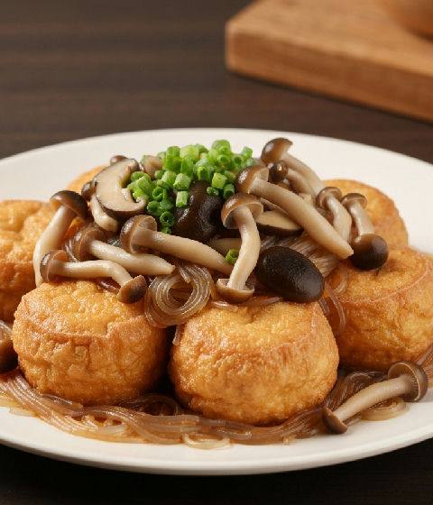 Braised Fried Tofu Puffs with Mixed Mushrooms and Glass Noodles