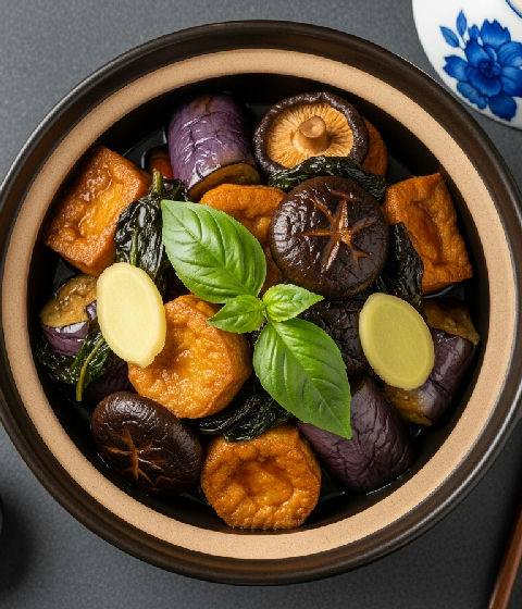 Claypot Braised Eggplant, Tofu Puffs, and Shiitake Mushrooms with Basil