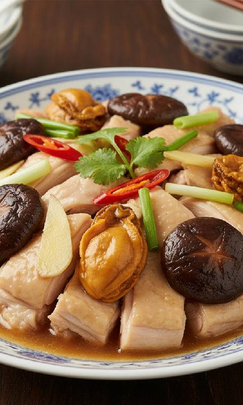 Steamed Chicken with Dried Shiitake Mushrooms and Dried Oysters