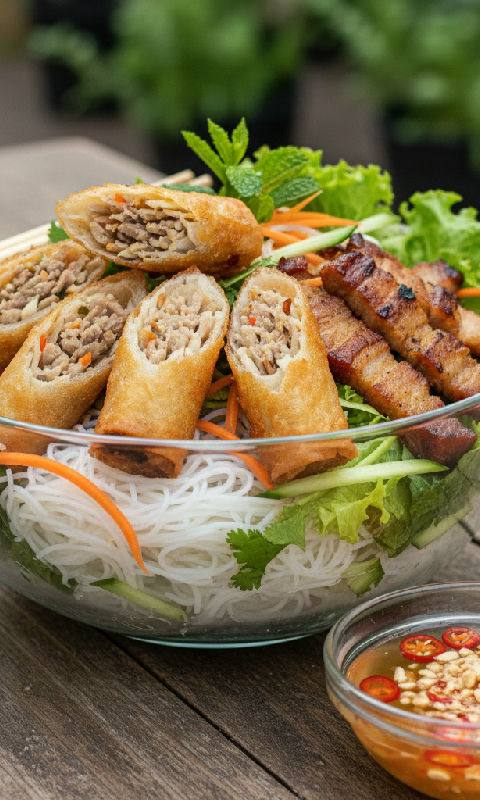 Grilled Pork and Spring Roll Vermicelli Salad (Bún Chả Giò Nướng)